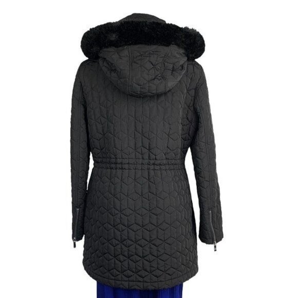 Calvin Klein Fur Trimmed Diamond Quilted 3/4 Length Coat - Black, Size Large - Picture 10 of 12